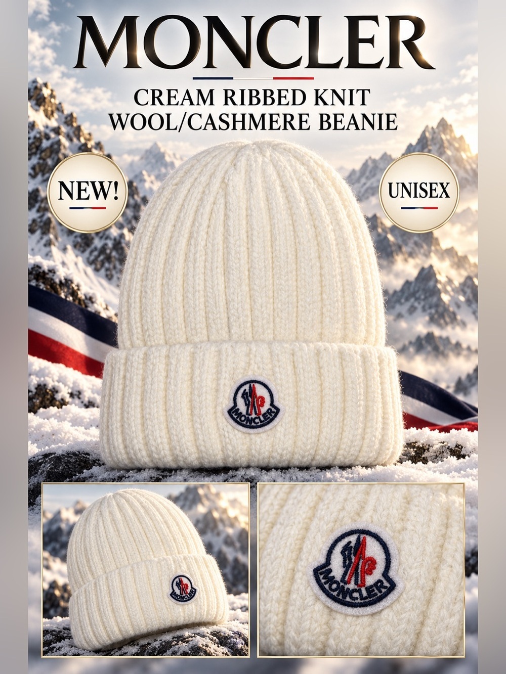 Moncler Cream Ribbed Knit Wool/Cashmere Beanie with Logo Patch🔥New! “Unisex”
